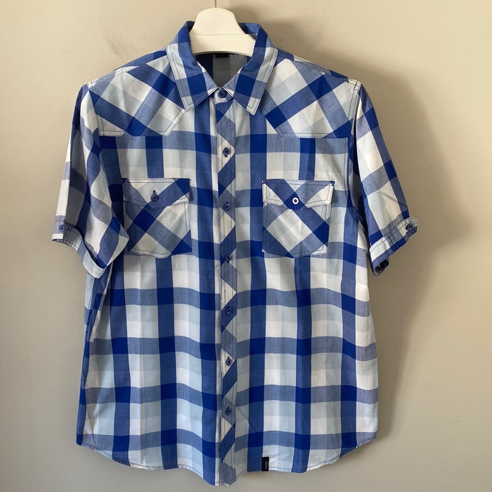 Straight Faded Blue Plaid Button Up Shirt